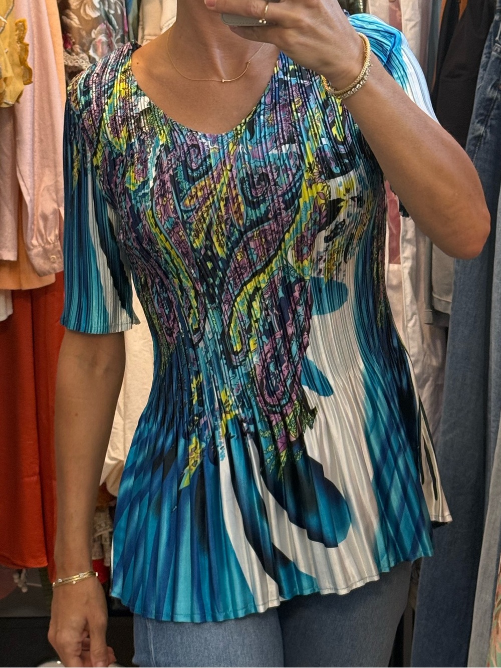 Vintage Pleated Scoop-Neck Blouse in Teal Blue Floral Print